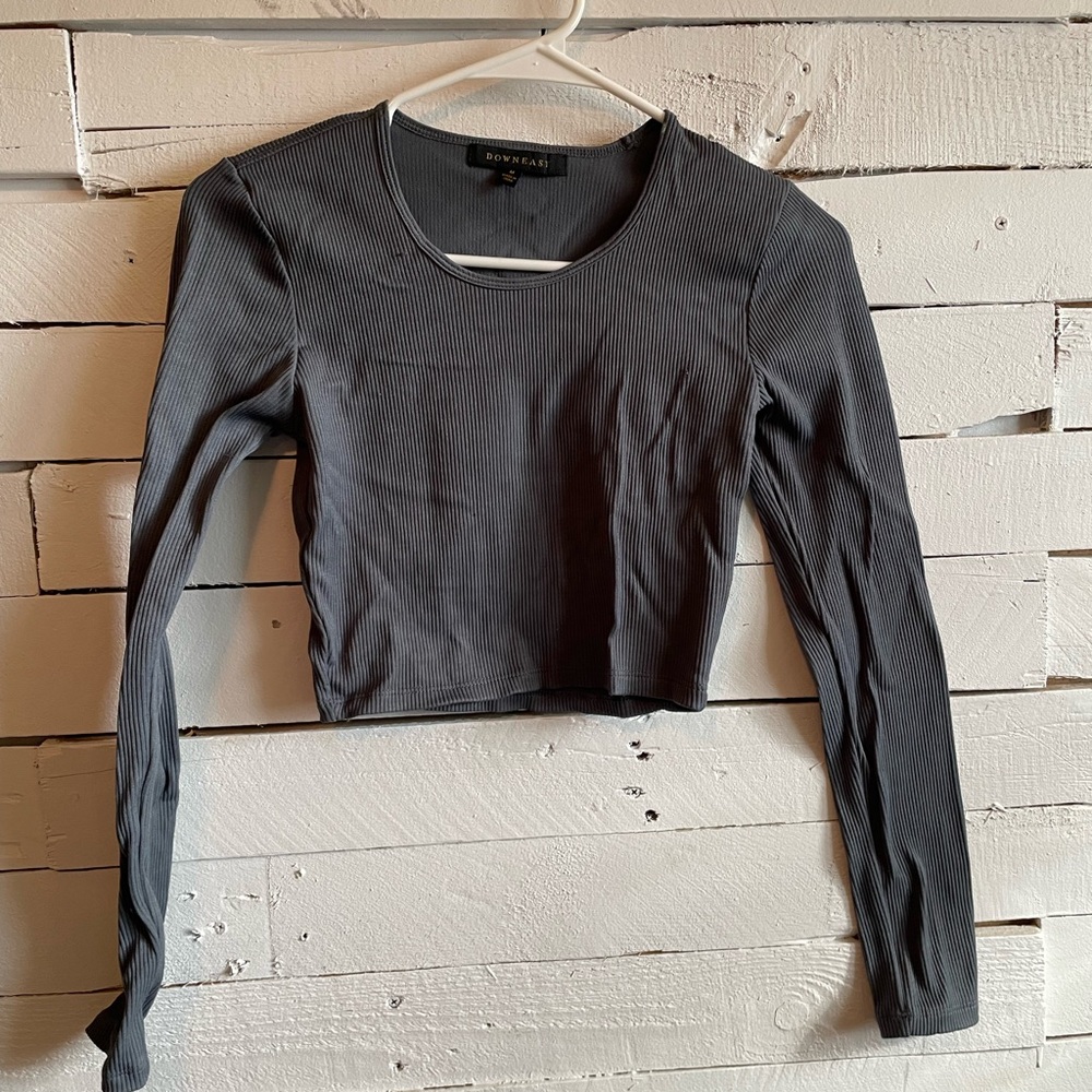 Gray Fitted Crop Top with Long Sleeves